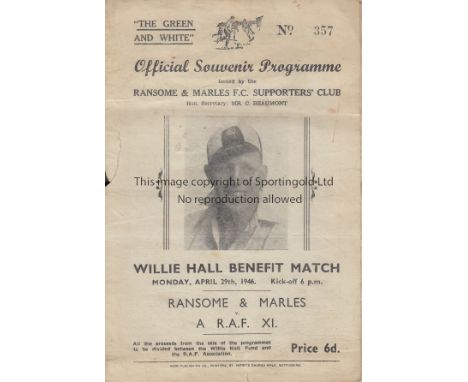 RANSOMES - RAF 46   Ransome and Marles programme for Willie Hall benefit match v RAF XI, 29/4/46, a strong RAF team played a 