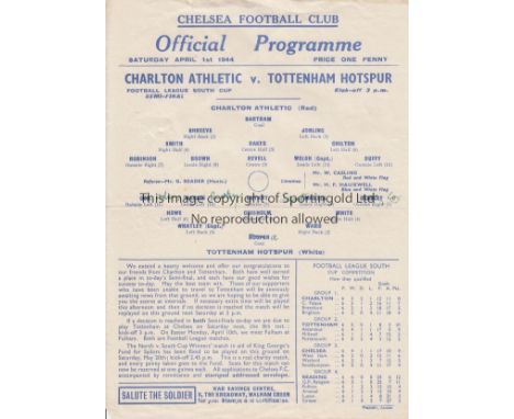 WAR CUP SEMI 1944    Single sheet Chelsea programme for War Cup South Semi-Final   Charlton v Tottenham, 1/4/44 at Stamford B