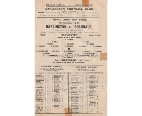 DARLINGTON V ROCHDALE 1947 Single sheet programme for the League match at Darlington 1/3/1947, slightly creased, tape repairs