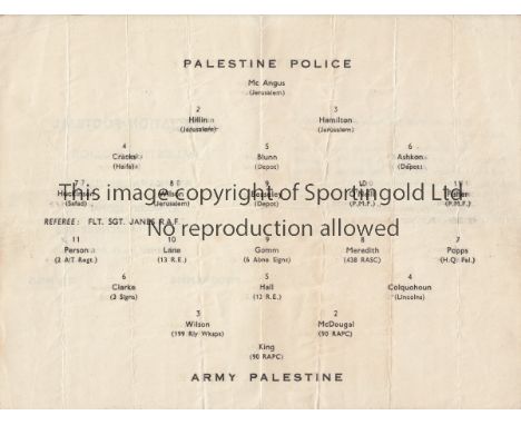 WARTIME    Programme, Palestine Police v Army Palestine, 14/12/46 at Mount Scopus, . All the players have British names but a