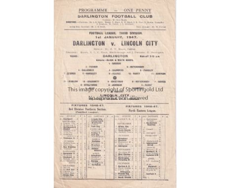 DARLINGTON V LINCOLN CITY 1947      Single sheet programme for the League match at Darlington 1/1/1947, slightly creased.   G