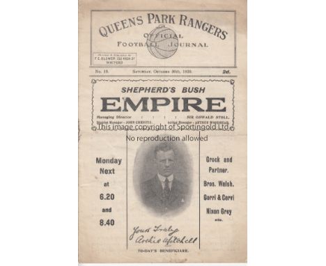 QPR - SWANSEA 1920   Queens Park Rangers home programme v Swansea, 30/10/1920, Division 3 South, first Football League season