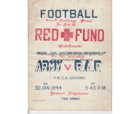 ARMY-RAF 1944   Large programme , Army v RAF, 30/1/44  at YMCA Ground, Karachi.  Most of the players had been signed by Leagu
