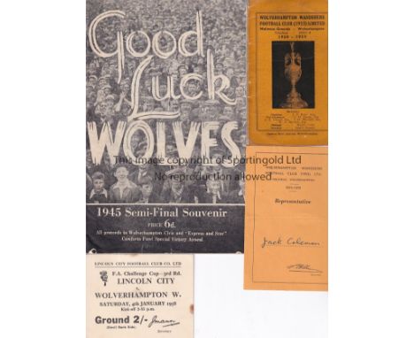 WOLVES MISCELLANY    Four items relating to Wolverhampton Wanderers, fixture card 1958-59 with League Championship Trophy on 