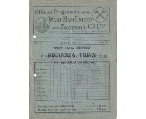 WEST HAM V SWANSEA TOWN 1937      Programme for the League match at West Ham 30/8/1937 on the opening day of the 1937/8 seaso