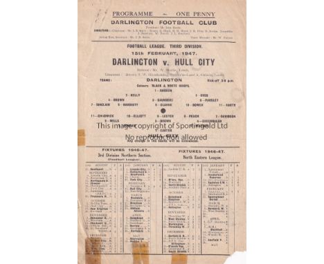 DARLINGTON V HULL CITY 1947      Single sheet programme for the League match at Darlington 15/2/1947, slightly creased, tape 