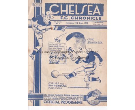 CHELSEA / WEST BROM     Programme Chelsea v West Bromwich Albion 19th September 1936. Not Ex Bound Volume. Lacks staples due 