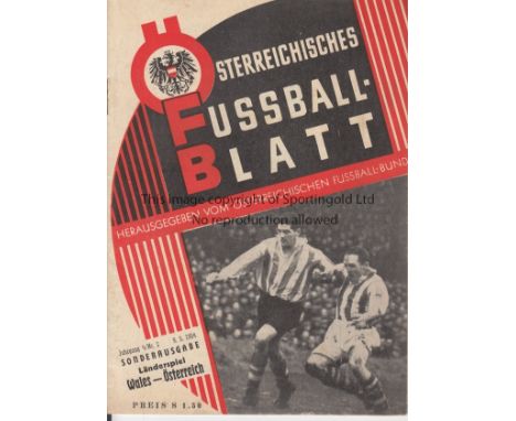 1954 AUSTRIA v WALES      Friendly played 9 May 1954 at the Praterstadion in Vienna. Official 32-page programme produced by t