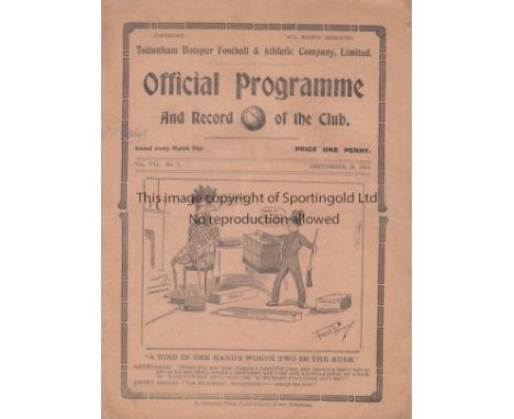 TOTTENHAM - WEST BROM 1914  Tottenham home programme v West Brom, 28/9/1914, ex bound volume with spine very professionally r