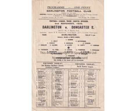 DARLINGTON V DONCASTER ROVERS 1946      Single sheet programme for the League match at Darlington 2/11/1946, slightly creased