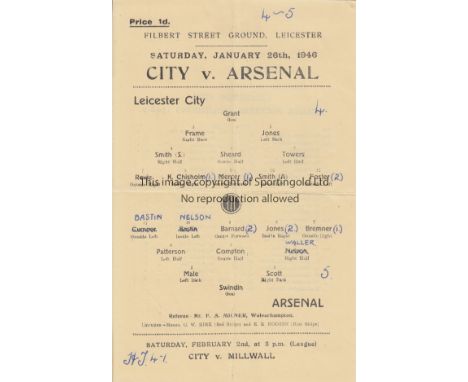 LEICESTER CITY V ARSENAL 1946    Single sheet programme for the FL South match at Leicester 26/1/1946, folded in four, team c