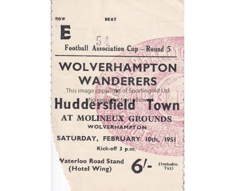 WOLVES - HUDDERSFIELD 51   Match ticket, Wolves v Huddersfield, 10/2/51, Cup, piece torn off bottom corner on entry. Fair-gen
