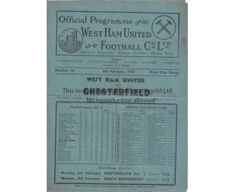 WEST HAM - CHESTERFIELD 1939     Home programme v Chesterfield, 4th February 1939 creased.    Generally good