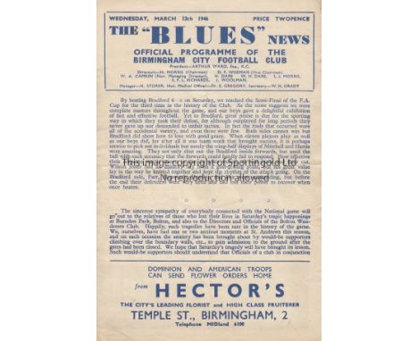 BIRMINGHAM CITY V ARSENAL 1946    Programme for the FL South match at Birmingham 13/3/1946, creased and scores entered.   Gen