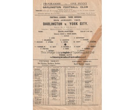 DARLINGTON V YORK CITY 1947 Single sheet programme for the League match at Darlington 25/1/1947, slightly creased, tape repai