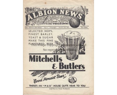 WEST BROM - WALSALL 41   West Brom home programme v Walsall, 4/10/41, team change noted, slight creasing.  Generally good