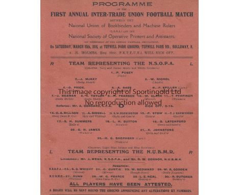 1916 TRADE UNION FOOTBALL    Single card programme, first annual Inter-Trade Union Football match at Tufnell Park, 25/3/1916,