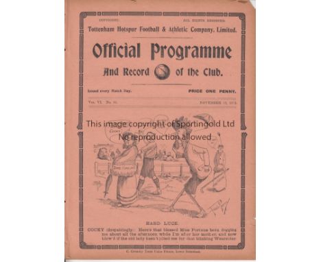 TOTTENHAM - FULHAM 1913   Tottenham home programme v Fulham, 12/11/1913, Semi-Final, Middlesex Reserve Cup. Eight page progra