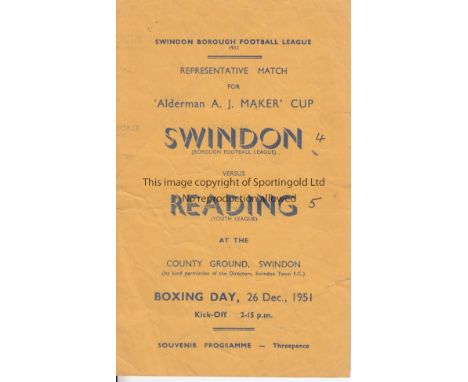AT SWINDON   Programme, Swindon Football League v Reading Youth League, 26/12/51 at County Ground, Swindon. Four page program