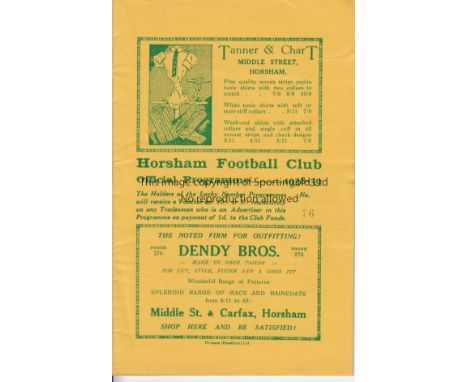 HORSHAM 1938-39    Horsham home programme v Worthing, 1/10/1938, FA Cup.  Good