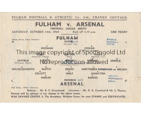FULHAM V ARSENAL 1944   Single sheet programme for the FL South match at Fulham 14/10/1944, very slightly creased, team chang
