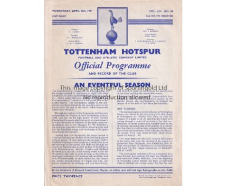 TOTTENHAM / FOREST SIGNED   Programme Tottenham Hotspur v Nottingham Forest April 26th 1961 (Double season) signed by Danny B