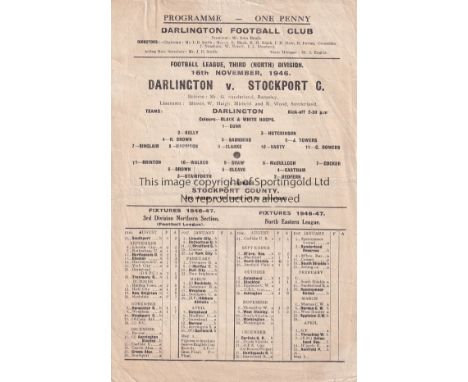 DARLINGTON V STOCKPORT COUNTY 1946      Single sheet programme for the League match at Darlington 16/11/1946, slightly crease