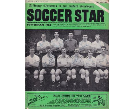 TOTTENHAM    Soccer Star Magazine 24th December 1960 with a team photo of Tottenham Hotspur in the Double season signed by 8 