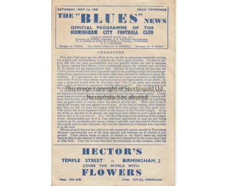 BIRMINGHAM CITY V TOTTENHAM HOTSPUR 1948     Programme for the Division 2 match at Birmingham with the editorial heading "Cha