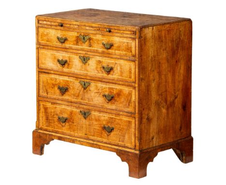 A George I walnut and cross and feather banded caddy top chest:, of small size with a quarter veneered top, fitted with a bru