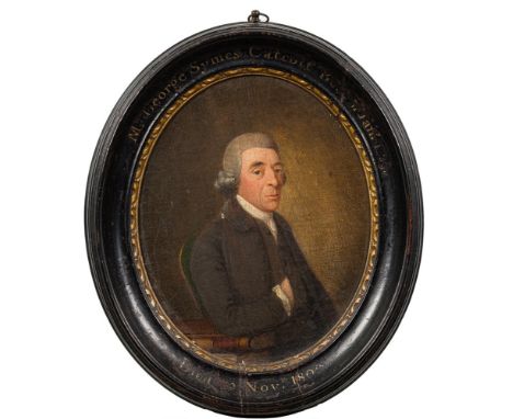 Circle of John Downman [1750-1824]-Portrait of George Symes Catcutt,:- three-quarter length seated, wearing short wig and whi