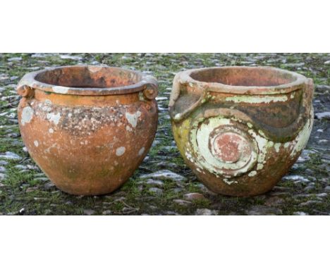 Two Compton pottery terracotta jardinieres after designs by Gertrude Jekyll: one plain with twin scroll handles, the other wi