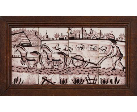 A Dutch delftware tile picture: the eight tiles painted in manganese with a ploughing scene in the foreground, farm buildings