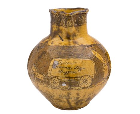 A North Devon pottery documentary harvest jug: of typical bellied form with raised neck and ribbed strap handle with scroll t