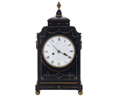Haley, Wigmore St., London, a small ebonised and brass inlaid mantel clock: the eight-day duration, double-fusee, five-pillar