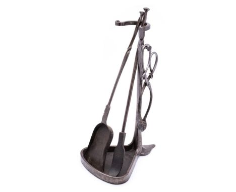 A set of Arts &amp; Crafts period polished steel fire tools with stand: includes tongs, poker and shovel, attributed to Sir R