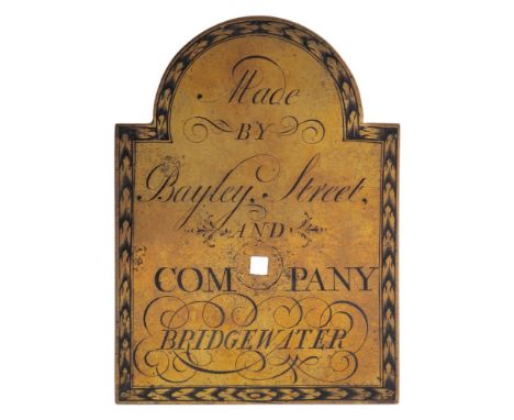 An 18th Century brass arch dial name plate: from a church turret clock, engraved 'Bayley Street & Company Bridgewater', 12.5c