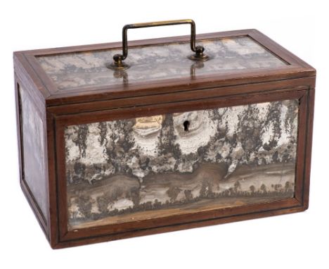 An unusual 19th Century agate mounted rectangular tea caddy: the Dendritic agate panels within a brass line-inlaid frame, the