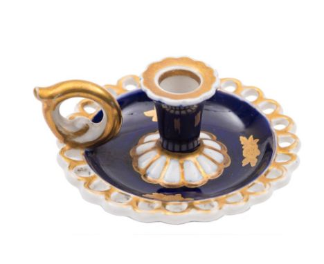 A Chamberlains Worcester blue and gilt decorated porcelain miniature chamberstick: with reticulated rim, iron-red mark, circa