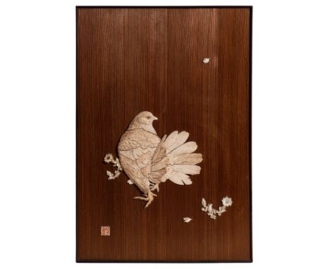 A Japanese ivory and softwood rectangular panel: inlaid with a fan-tailed pigeon and scattered floral sprays and leaves, ivor