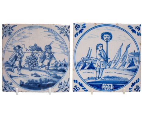 Two Dutch blue and white delft 'biblical' tiles: comprising the Spies of Cannan in a circular panel with ox head corners, cir