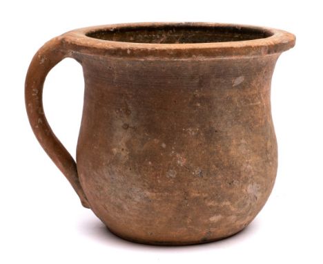 Two pottery chamber pots and a bedpan: attributed to the Verwood or East Dorset potteries comprising a tall example with stra