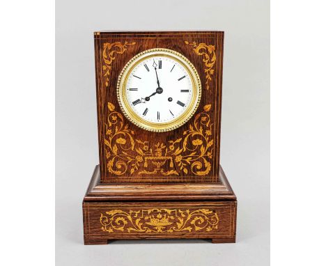 19th century French rosewood mantel clock with floral intarsia. Charles Dix. Circa 1840. Eight-day movement, half-hourly stri