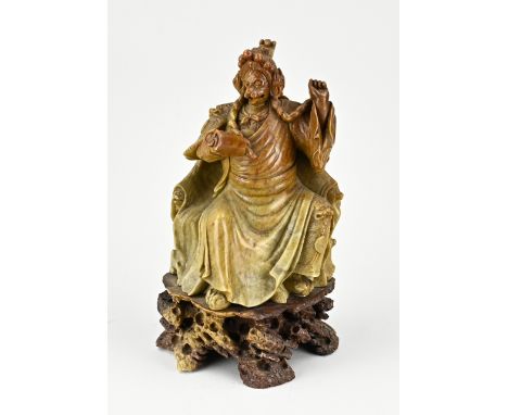 Antique Chinese soapstone sculpture. Deity with parchment scroll and monkey head. 19th century. Size: H 29 cm. In good condit