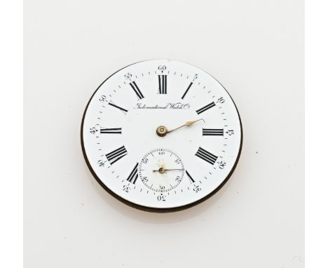 Movement of a pocket watch, IWC, with a white enamel dial with a decentralized second hand. With glass and metal dust cover. 