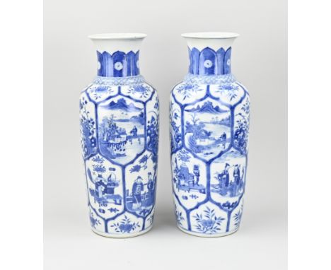 Two large 18th - 19th century Chinese porcelain vases with wings/figures/floral/valuables decor. With double blue bottom ring