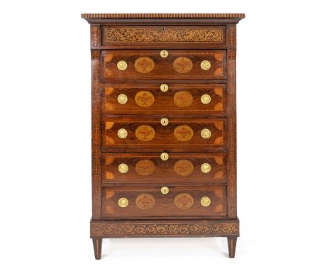 Beautiful Louis Seize chiffoniere with intarsia and floral/vase decor (also on the sides). With original ring fitting. Circa 