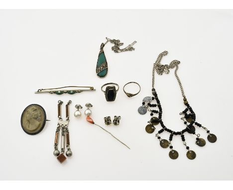 Lot of jewelry including silver with a lava cameo brooch, a necklace and brooch with green stone and marquesite, ear studs wi