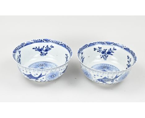 Two large 18th - 19th century Chinese porcelain bowls with perch/sturgeon/floral decor. With double blue bottom ring + four-c