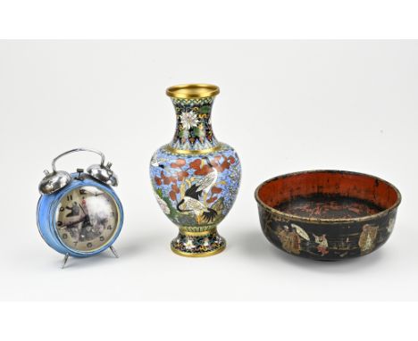 Three volumes of old/antique China. 1x Cloisonné vase with crane bird decor. 1x Lacquerware bowl, circa 1900. 1x Chinese alar